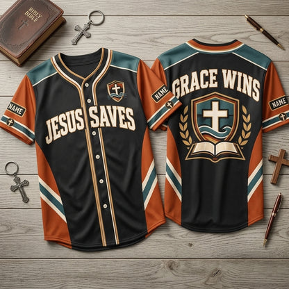 Custom Jesus Saves Baseball Jersey – Grace Wins Christian Faith Apparel - mockup 2