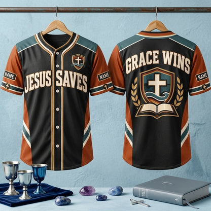 Custom Jesus Saves Baseball Jersey – Grace Wins Christian Faith Apparel - mockup 3