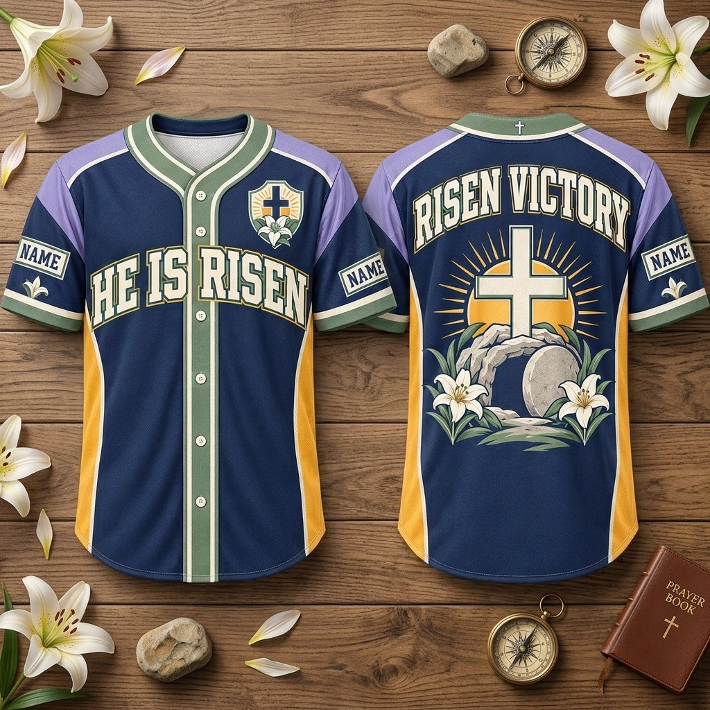 Custom He Is Risen Religious Baseball Jersey – Easter Victory Sportswear - mockup 2