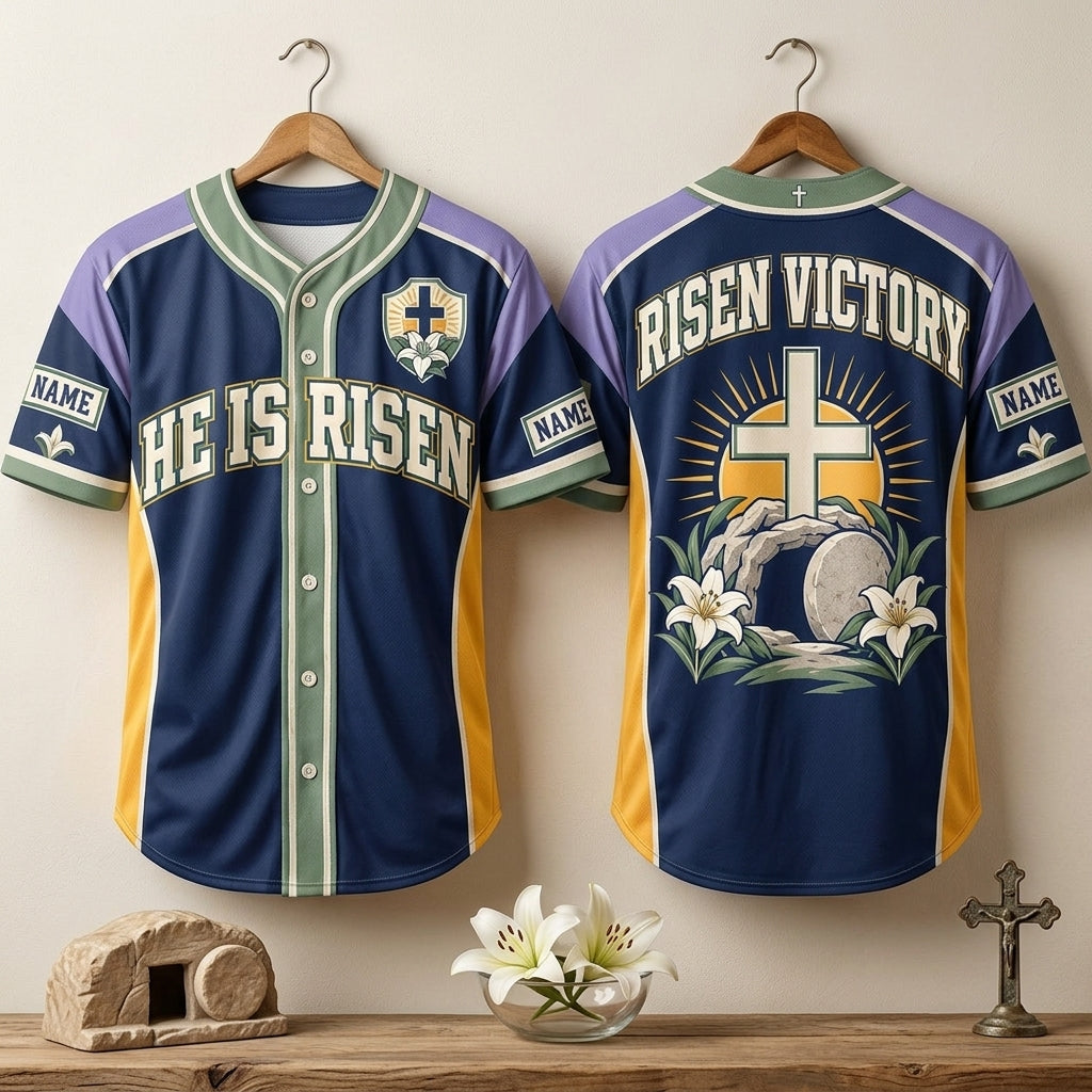Custom He Is Risen Religious Baseball Jersey – Easter Victory Sportswear - mockup 3