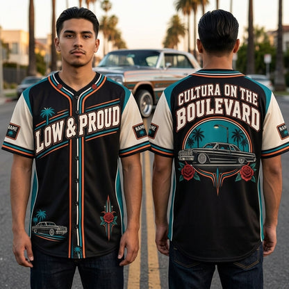 Personalized Chicano Lowrider Pride Baseball Jersey - Cultura on the Boulevard - mockup 1