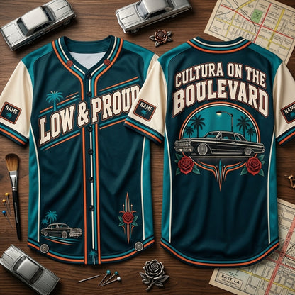 Personalized Chicano Lowrider Pride Baseball Jersey - Cultura on the Boulevard - mockup 2