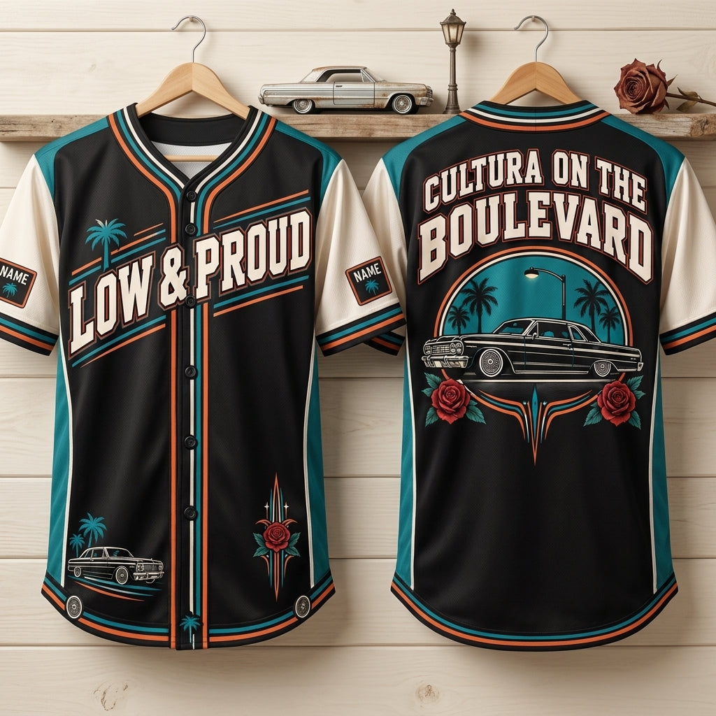Personalized Chicano Lowrider Pride Baseball Jersey - Cultura on the Boulevard - mockup 3