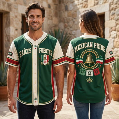 Custom Raíces Fuertes Mexican Independence Pride Baseball Jersey - Heritage Apparel - mockup 1