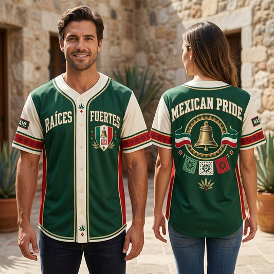 Custom Raíces Fuertes Mexican Independence Pride Baseball Jersey - Heritage Apparel - mockup 1
