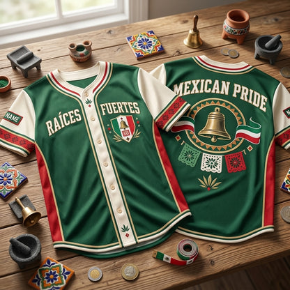 Custom Raíces Fuertes Mexican Independence Pride Baseball Jersey - Heritage Apparel - mockup 2