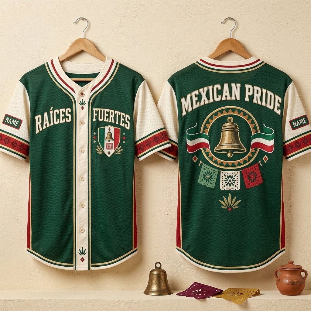 Custom Raíces Fuertes Mexican Independence Pride Baseball Jersey - Heritage Apparel - mockup 3