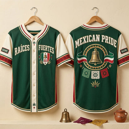 Custom Raíces Fuertes Mexican Independence Pride Baseball Jersey - Heritage Apparel - mockup 3