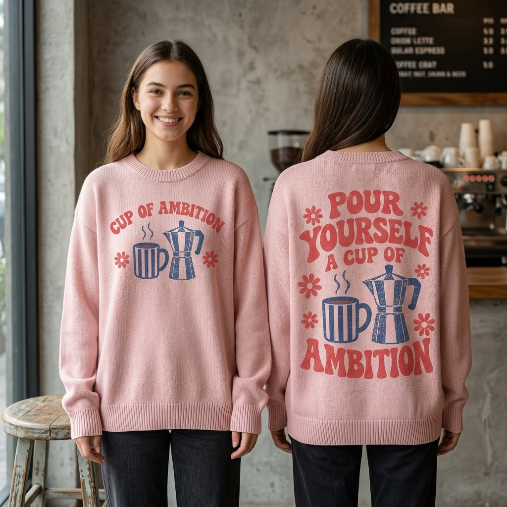 Pour Yourself a Cup of Ambition Retro Ugly Sweater – Vintage Coffee Lover Gift - mockup 1
