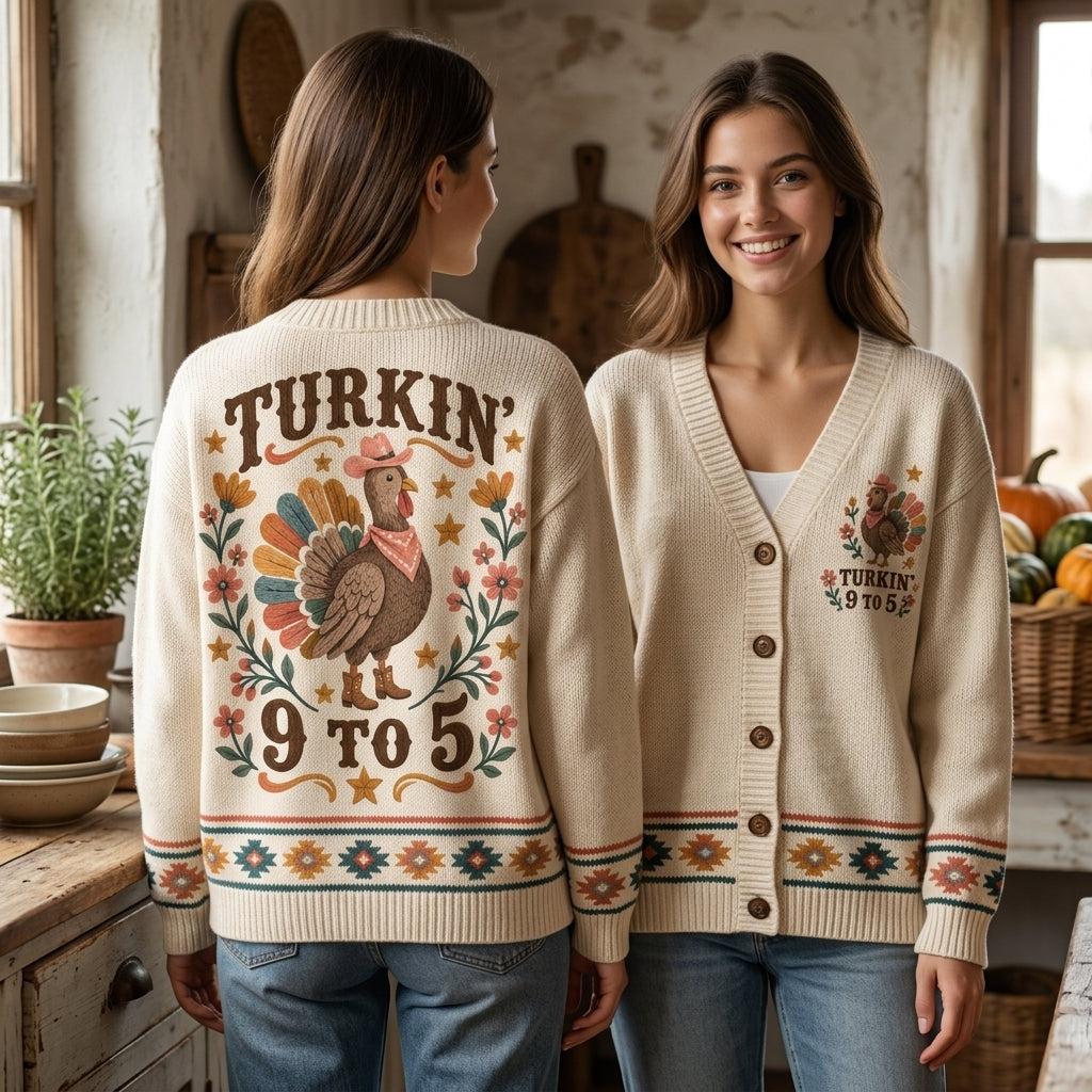 Turkin' 9 to 5 Cowboy Turkey Knitted Cardigan – Funny Thanksgiving Gift - mockup 1