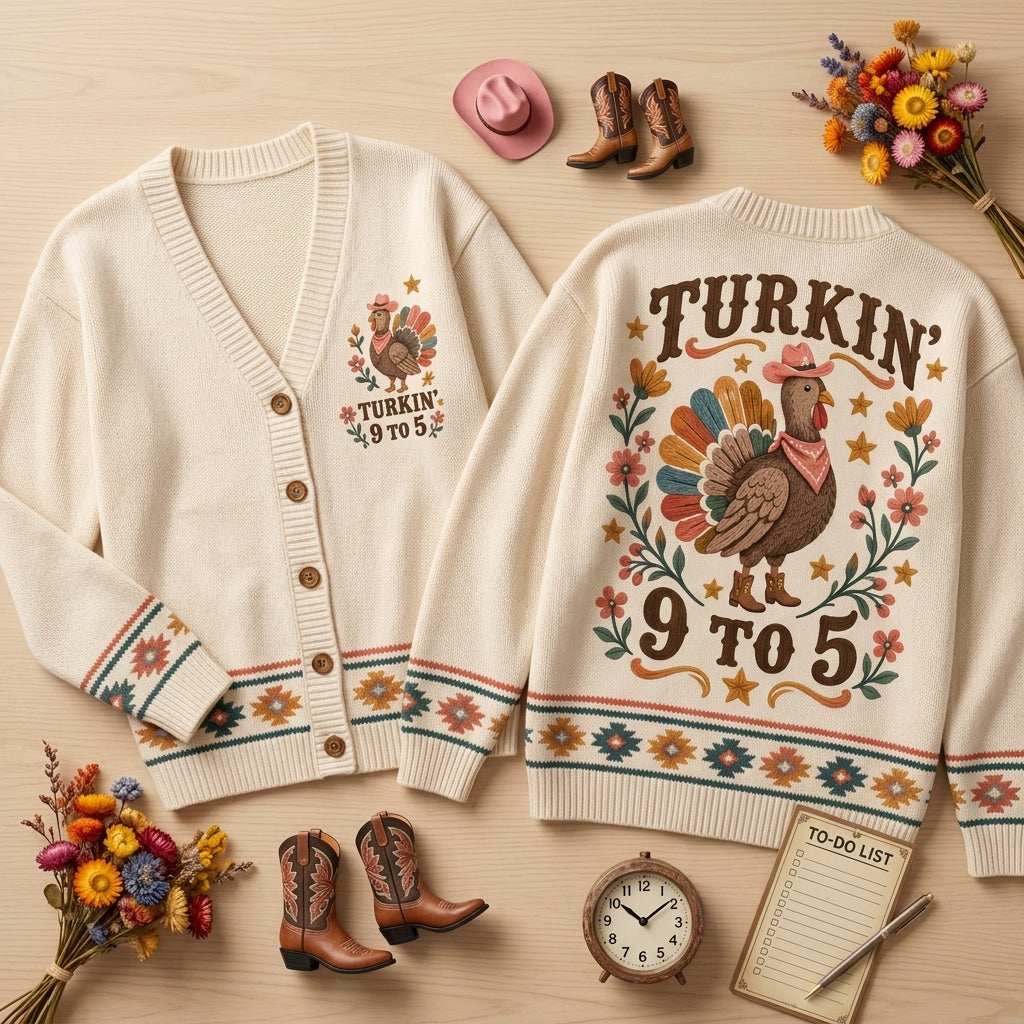 Turkin' 9 to 5 Cowboy Turkey Knitted Cardigan – Funny Thanksgiving Gift - mockup 2