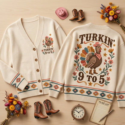 Turkin' 9 to 5 Cowboy Turkey Knitted Cardigan – Funny Thanksgiving Gift - mockup 2