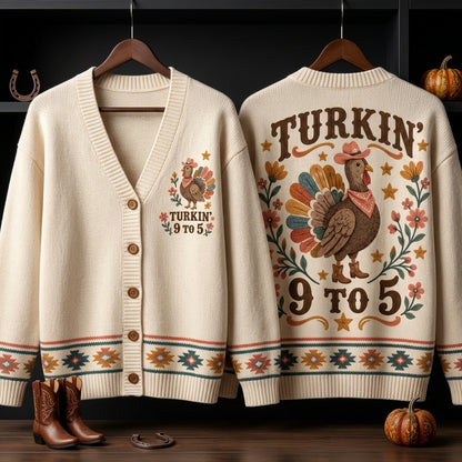 Turkin' 9 to 5 Cowboy Turkey Knitted Cardigan – Funny Thanksgiving Gift - mockup 3