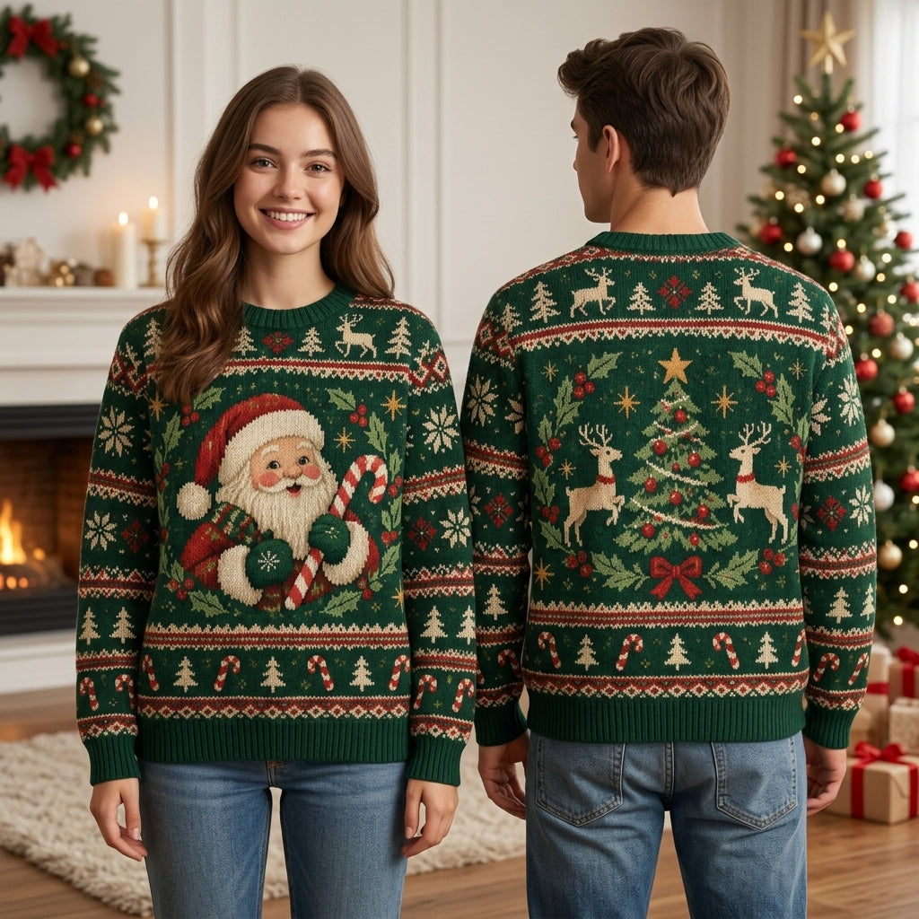 Classic Santa Claus and Reindeer Christmas Tree Ugly Sweater – Holiday Party - mockup 1