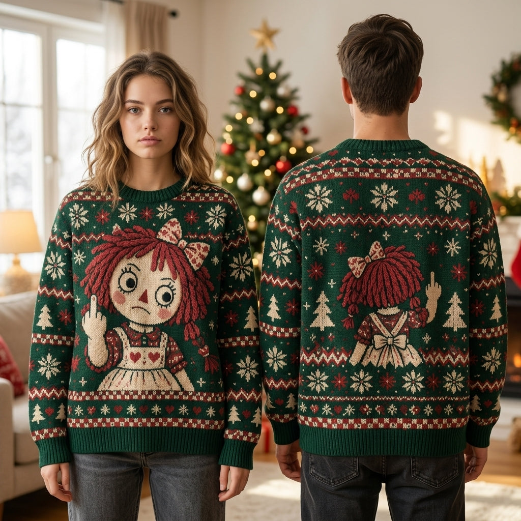 Funny Sarcastic Raggedy Doll Middle Finger Ugly Sweater – Dark Humor Christmas Gift - mockup 1