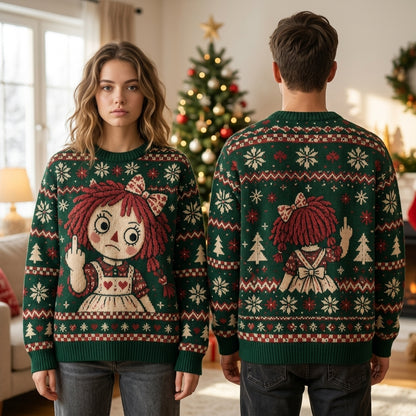 Funny Sarcastic Raggedy Doll Middle Finger Ugly Sweater – Dark Humor Christmas Gift - mockup 1