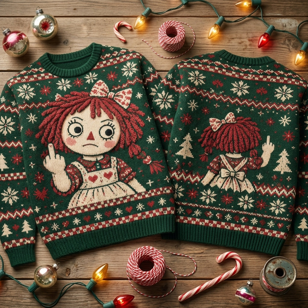 Funny Sarcastic Raggedy Doll Middle Finger Ugly Sweater – Dark Humor Christmas Gift - mockup 2