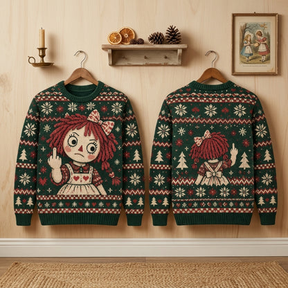 Funny Sarcastic Raggedy Doll Middle Finger Ugly Sweater – Dark Humor Christmas Gift - mockup 3