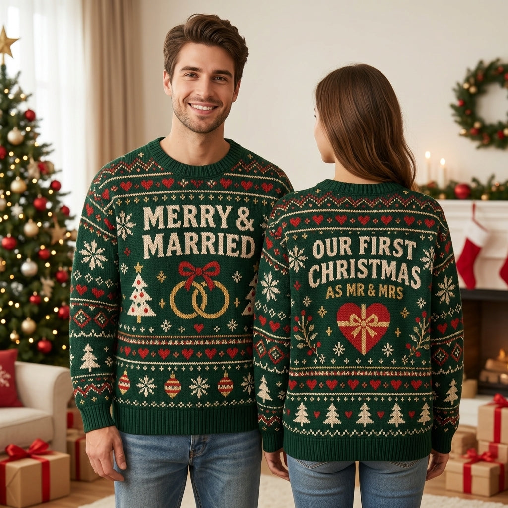 Merry & Married Our First Christmas Ugly Sweater – Newlywed Couple Holiday Gift - mockup 1