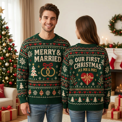 Merry & Married Our First Christmas Ugly Sweater – Newlywed Couple Holiday Gift - mockup 1
