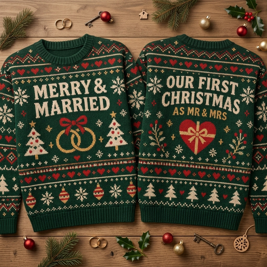 Merry & Married Our First Christmas Ugly Sweater – Newlywed Couple Holiday Gift - mockup 2