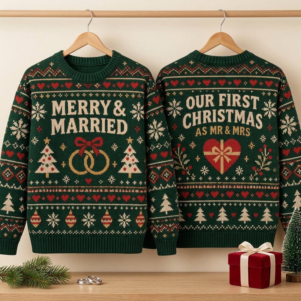 Merry & Married Our First Christmas Ugly Sweater – Newlywed Couple Holiday Gift - mockup 3
