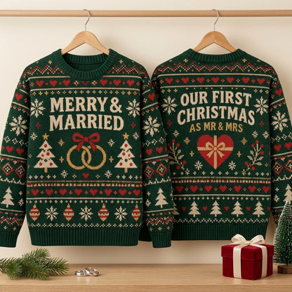 Merry & Married Our First Christmas Ugly Sweater – Newlywed Couple Holiday Gift - mockup 3