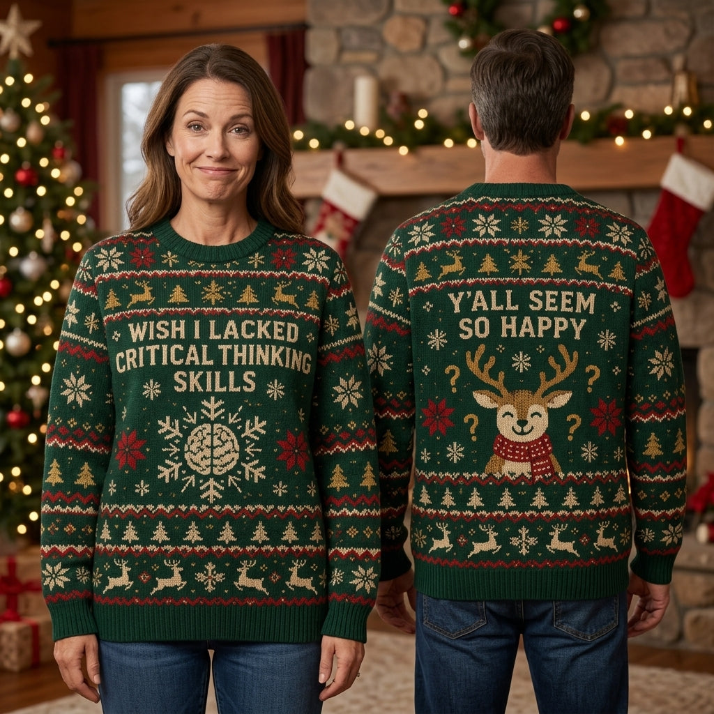 Wish I Lacked Critical Thinking Skills Funny Ugly Sweater – Sarcastic Holiday Apparel - mockup 1
