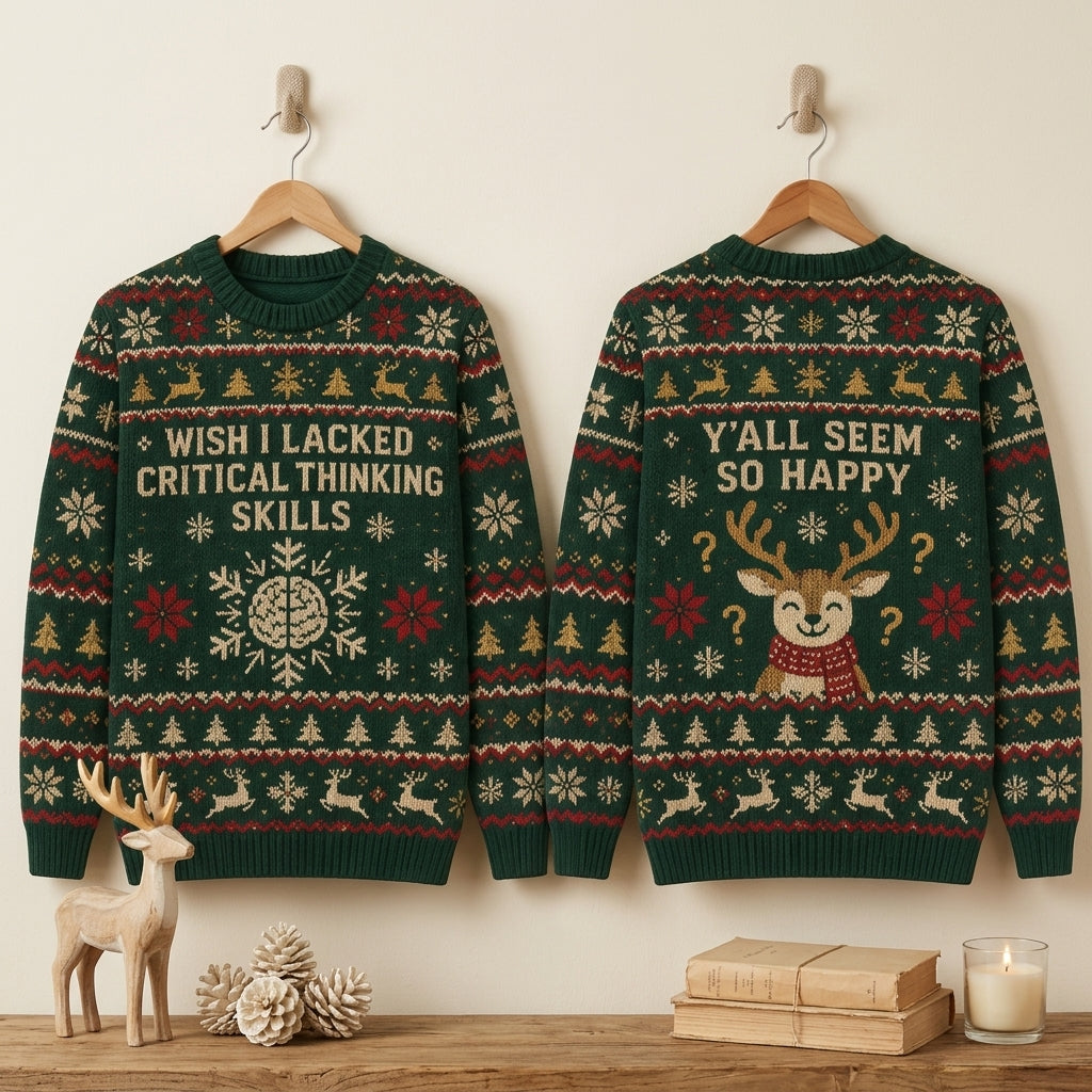 Wish I Lacked Critical Thinking Skills Funny Ugly Sweater – Sarcastic Holiday Apparel - mockup 3