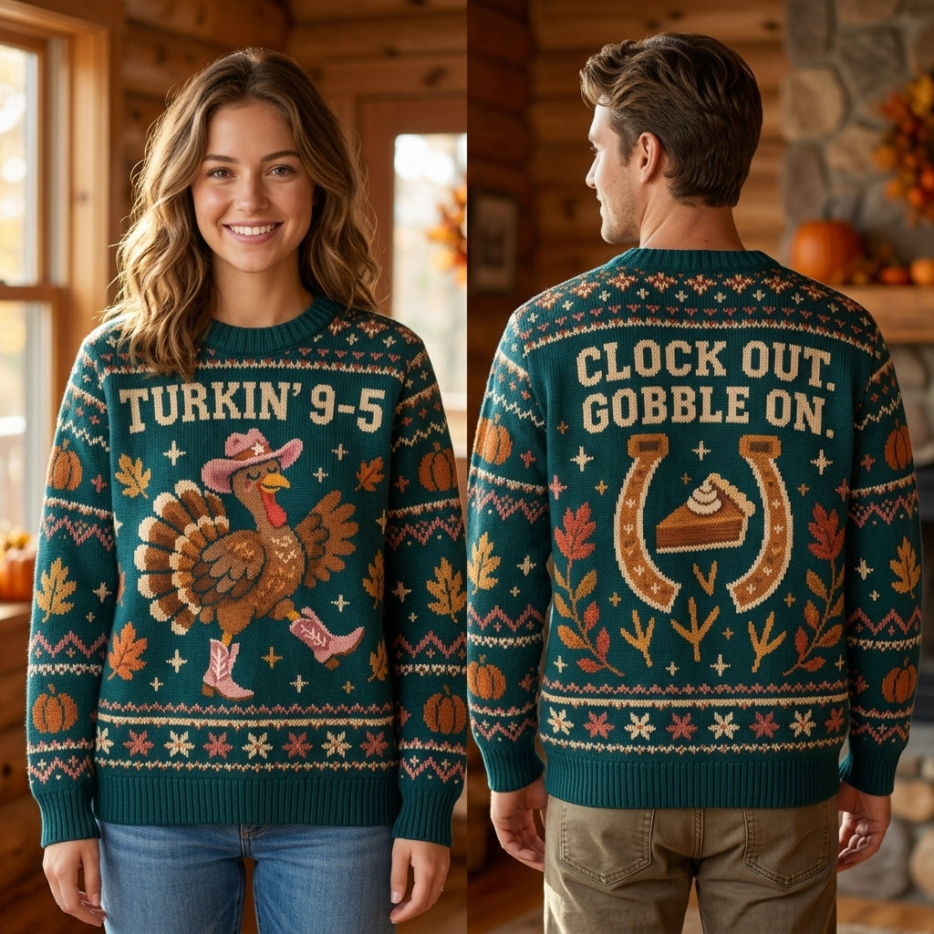 Turkin' 9-5 Western Dolly Turkey Ugly Sweater – Funny Thanksgiving Gift - mockup 1