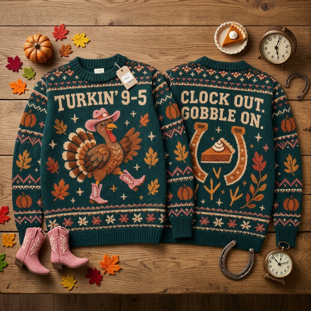 Turkin' 9-5 Western Dolly Turkey Ugly Sweater – Funny Thanksgiving Gift - mockup 2