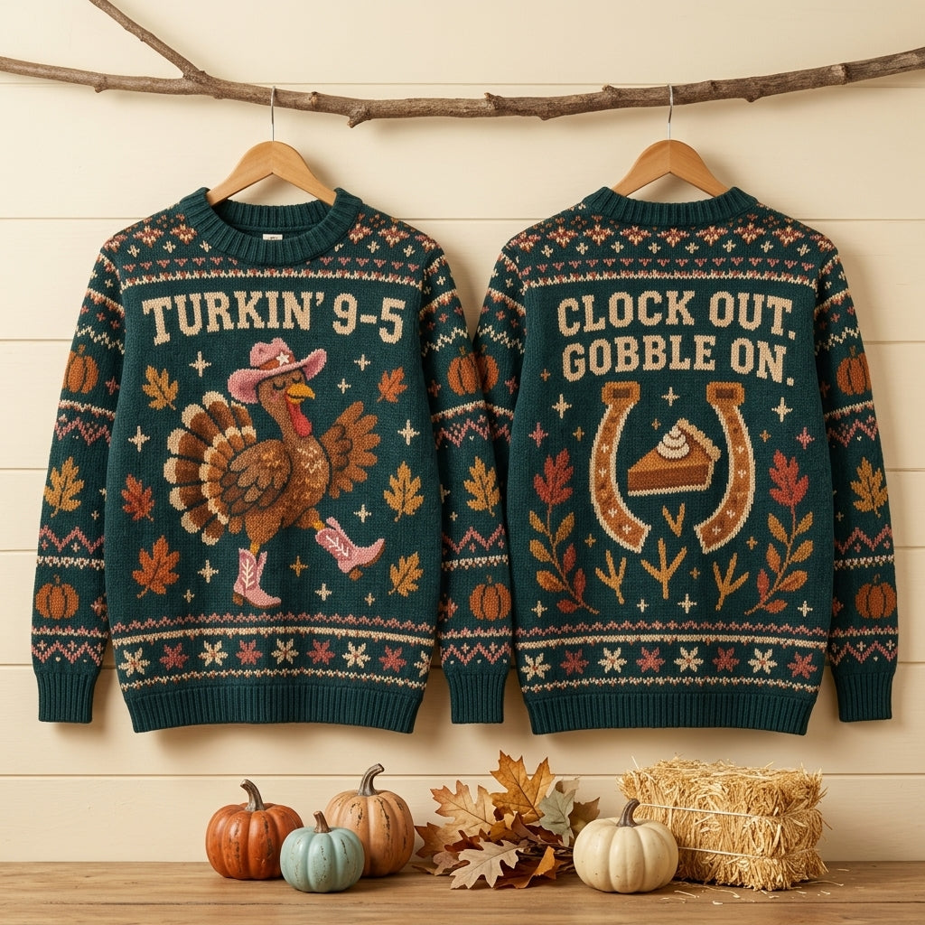 Turkin' 9-5 Western Dolly Turkey Ugly Sweater – Funny Thanksgiving Gift - mockup 3