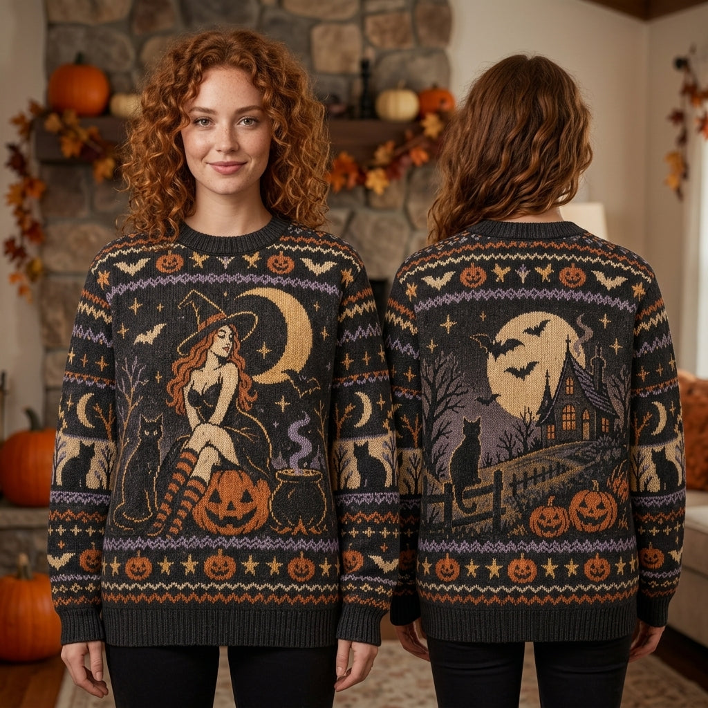 Spooky Pin-up Witch and Haunted House Halloween Ugly Sweater – Unisex Party Top - mockup 1