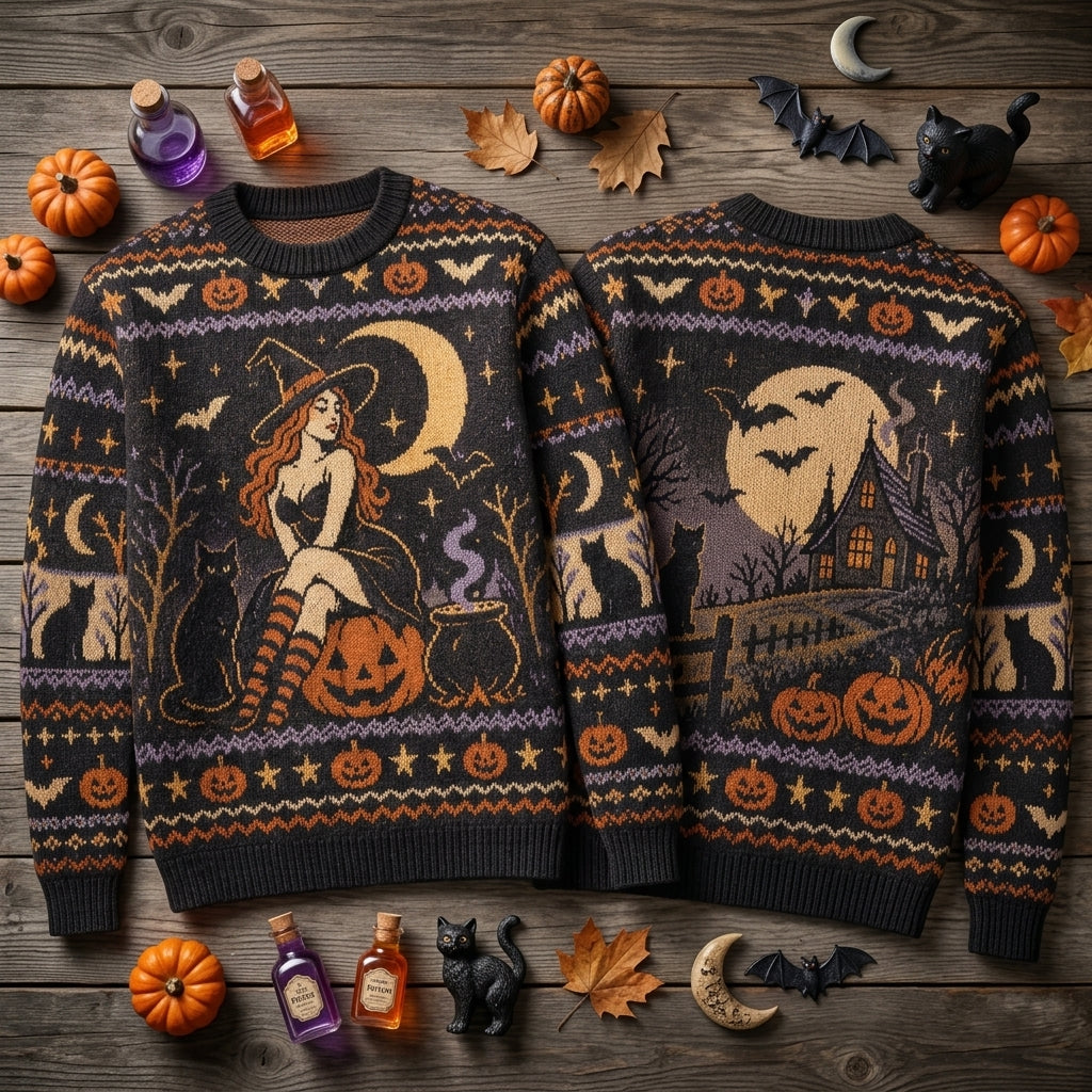 Spooky Pin-up Witch and Haunted House Halloween Ugly Sweater – Unisex Party Top - mockup 2