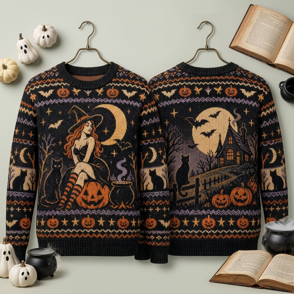 Spooky Pin-up Witch and Haunted House Halloween Ugly Sweater – Unisex Party Top - mockup 3