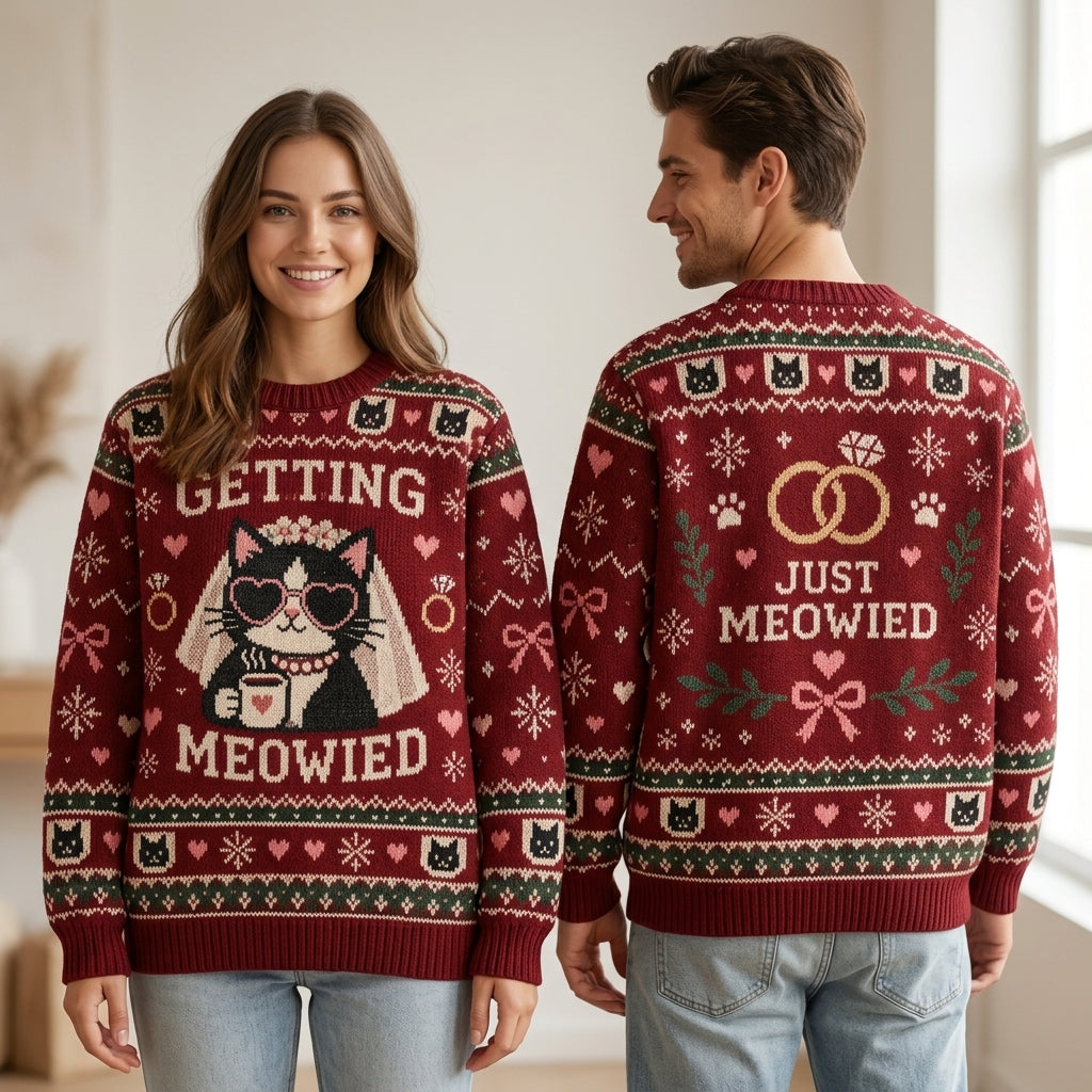 Getting Meowied Cat Wedding Ugly Sweater - Funny Just Meowied Bridal Gift - mockup 1