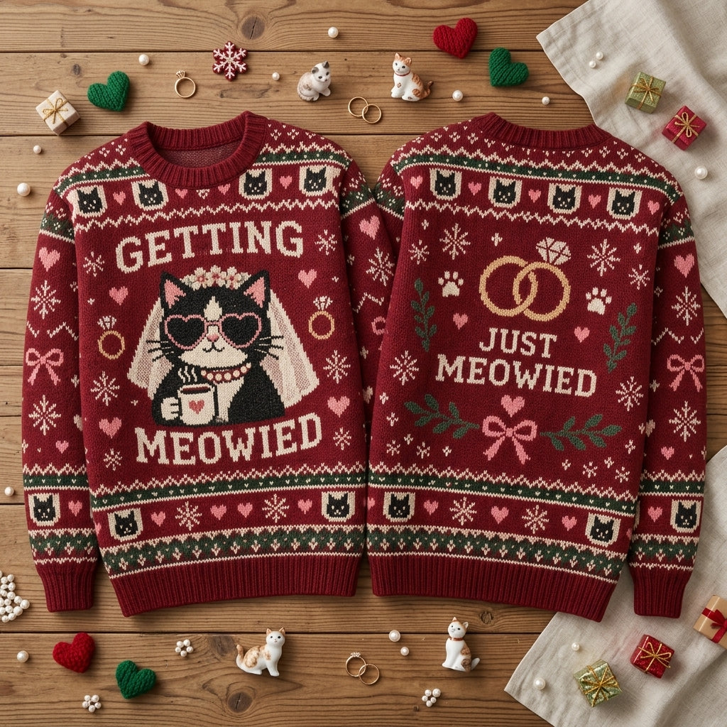Getting Meowied Cat Wedding Ugly Sweater - Funny Just Meowied Bridal Gift - mockup 2
