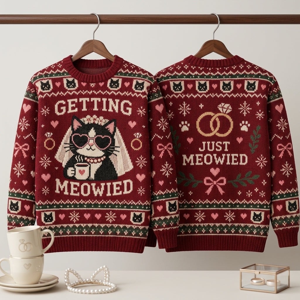 Getting Meowied Cat Wedding Ugly Sweater - Funny Just Meowied Bridal Gift - mockup 3
