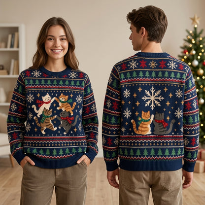 Dancing Cats Festive Christmas Ugly Sweater - Fun Navy Holiday Knit-Look Top - mockup 1