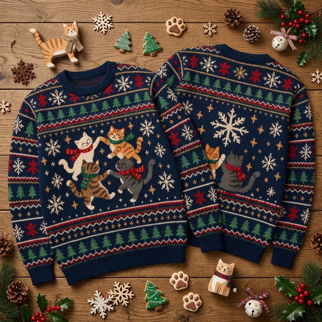 Dancing Cats Festive Christmas Ugly Sweater - Fun Navy Holiday Knit-Look Top - mockup 2