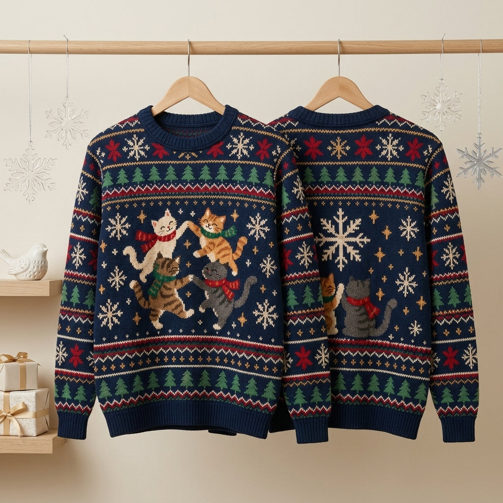 Dancing Cats Festive Christmas Ugly Sweater - Fun Navy Holiday Knit-Look Top - mockup 3
