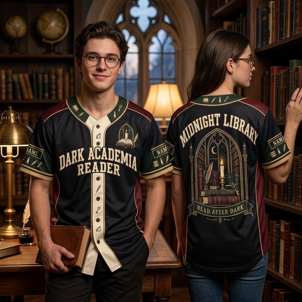 Personalized Dark Academia Reader Baseball Jersey - Midnight Library Aesthetic Apparel - mockup 1