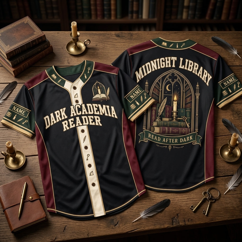 Personalized Dark Academia Reader Baseball Jersey - Midnight Library Aesthetic Apparel - mockup 2