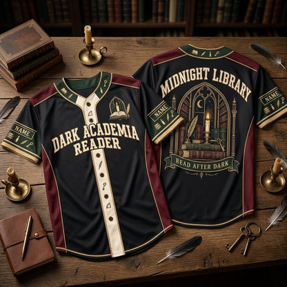 Personalized Dark Academia Reader Baseball Jersey - Midnight Library Aesthetic Apparel - mockup 2