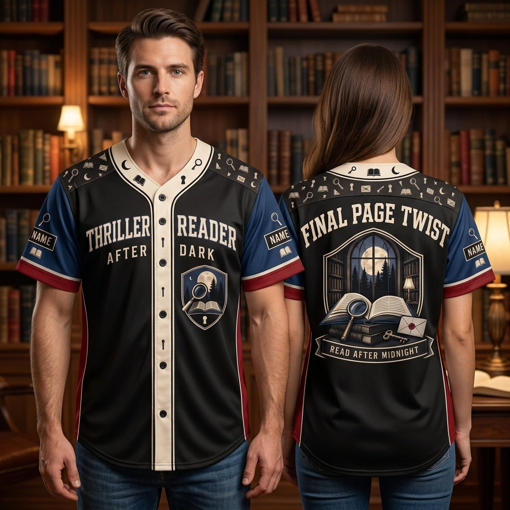 Personalized Thriller Reader After Dark Baseball Jersey - Custom Book Lover Apparel - mockup 1