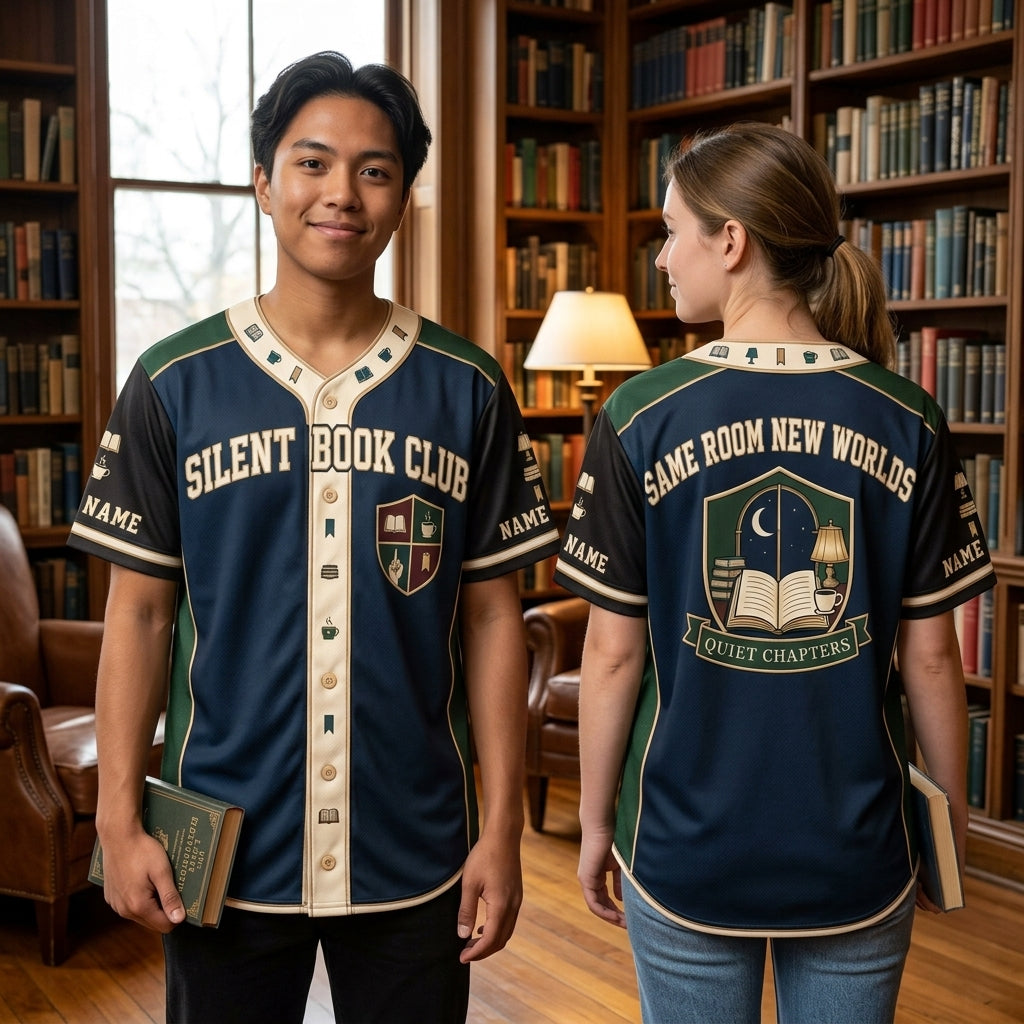 Personalized Silent Book Club Reader Baseball Jersey - Same Room New Worlds - mockup 1