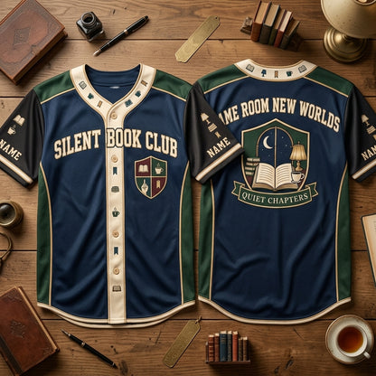 Personalized Silent Book Club Reader Baseball Jersey - Same Room New Worlds - mockup 2