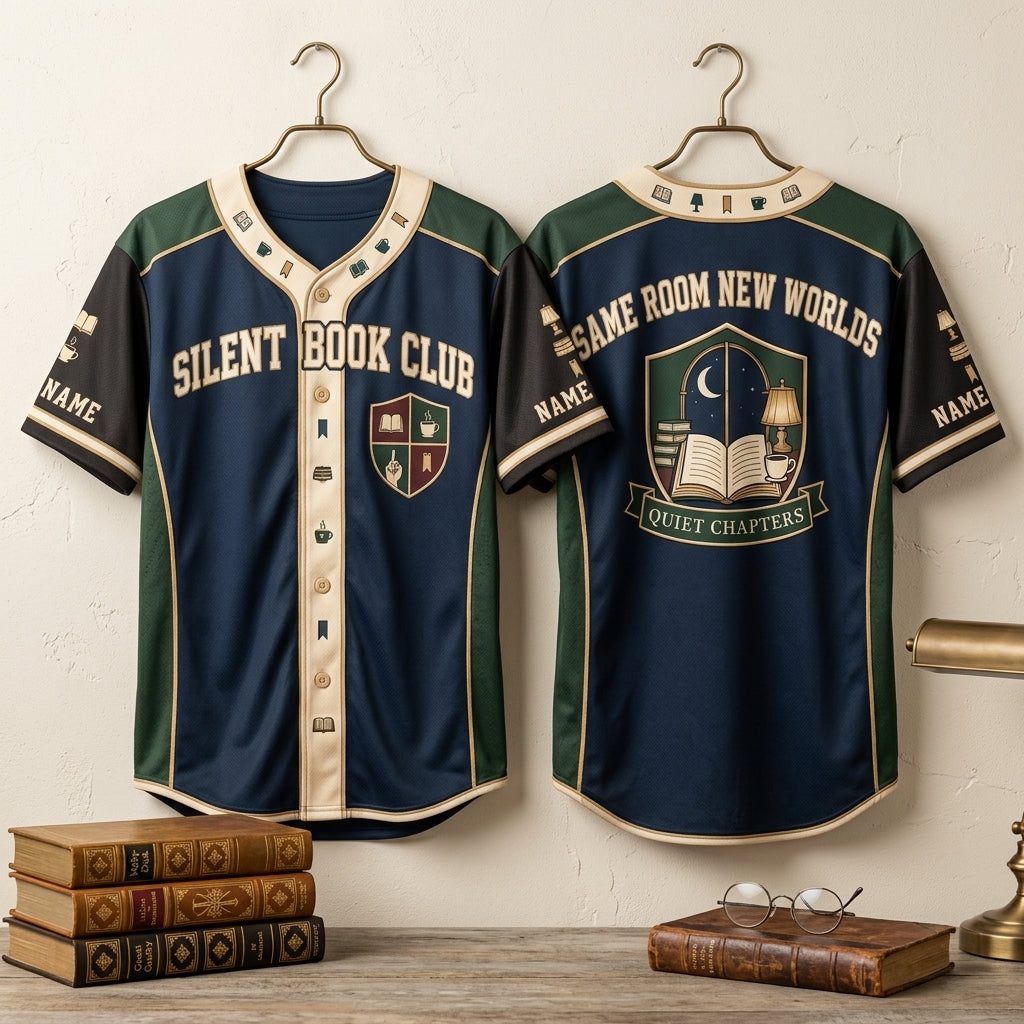 Personalized Silent Book Club Reader Baseball Jersey - Same Room New Worlds - mockup 3
