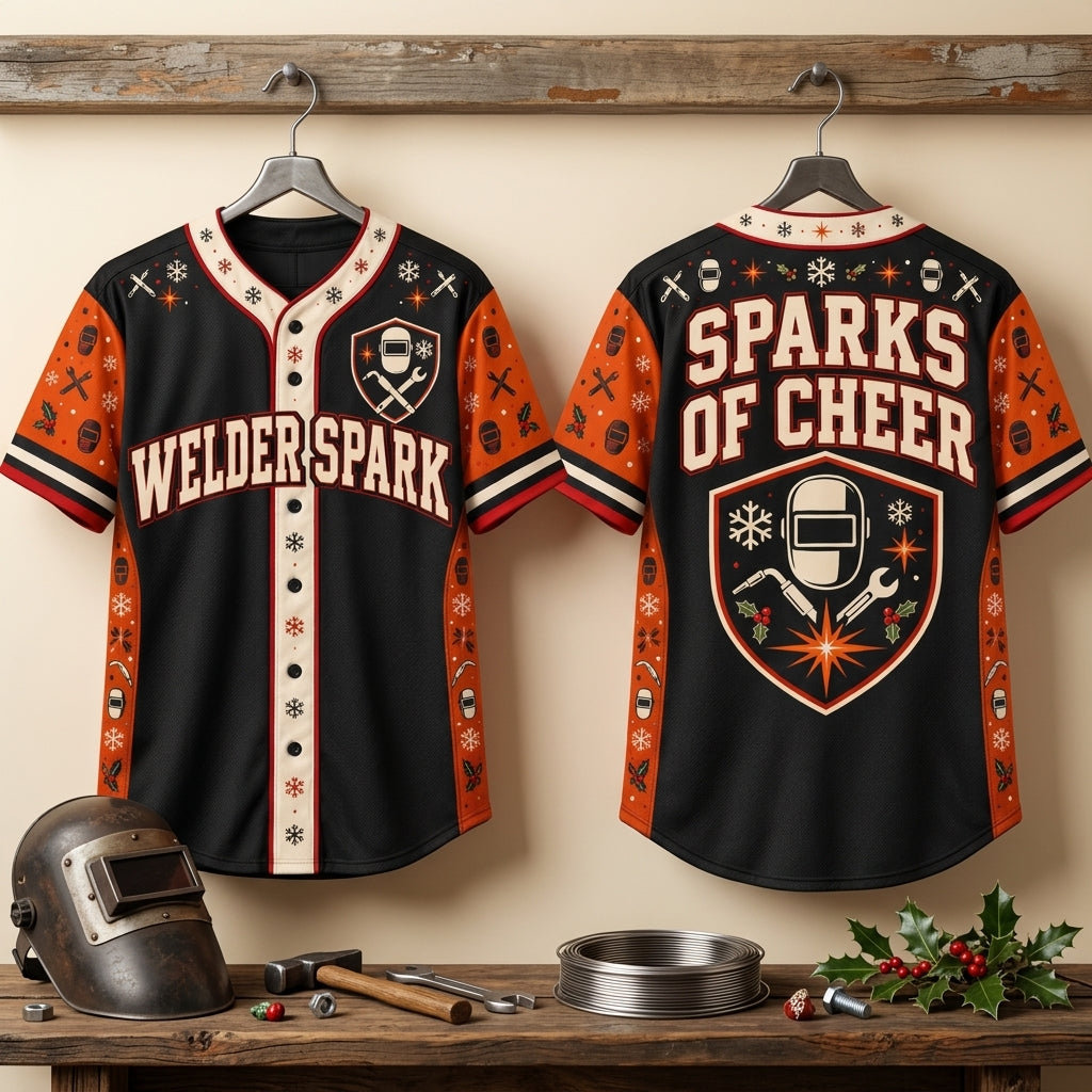 Sparks of Cheer Welder Spark Holiday Baseball Jersey - Festive Welding Gift - mockup 3