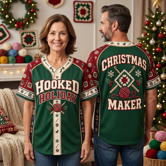 Hooked Holiday Christmas Maker Crochet Baseball Jersey - Festive Crafter Gift - mockup 1